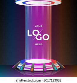 Mockup of blank template layout of stage illuminated by cyberpunk spotlights. 3d render illustration. Scene is empty to place your text, logo or object.