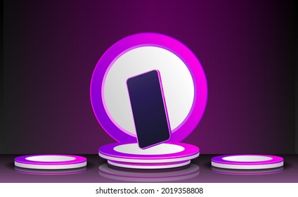 Mockup of blank template layout of stage illuminated by cyberpunk spotlights. 3d render illustration. Scene is empty to place your text, logo or object.