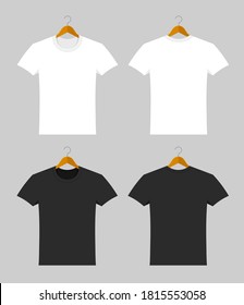 Mockup of blank unisex t-shirts in a flat style. Summer clothing in the front and back side hanging on hanger. Template of white and black shirt for man and woman, male and female.