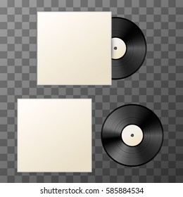 Mockup of blank vinyl disc with cover on transparent background