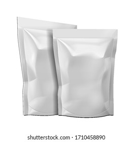 Mockup Blank White Pouch Package Bag For Food Or Stand Up Paper Food Pouch Snack Sachet. Mock Up Template. Illustration Isolated. 