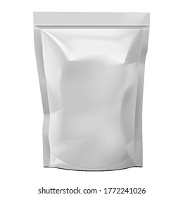 Mockup Blank White Pouch Package Bag For Food Or Stand Up Paper Food Pouch Snack Sachet. Mock Up Template. Illustration Isolated. 