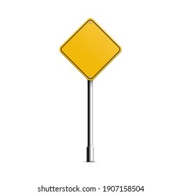 Mockup of blank yellow rhombus road traffic signboard, realistic vector illustration isolated on white background. Street signpost empty frame template.