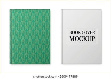 Mockup of a book cover. Upper cover, front view. Book layout. Top cover. Hardcover with green pattern