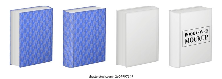 Mockup of a book cover. Upper and lower cover and spine, side and back view. Book layout. Top cover. Hardcover with blue pattern