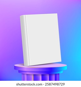 Mockup book with white empty cover. Book template stands on a pedestal against a neon background. Vector illustration.