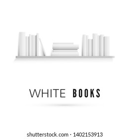 Mockup of bookshelf with blank white books on wall. Realistic stack of paper books. Vector illustration