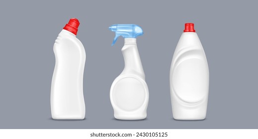 Mockup of bottle with gel or liquid detergent with lid and sprayer. Realistic 3d vector illustration set of blank white plastic container with household chemicals. Laundry and cleaning product package