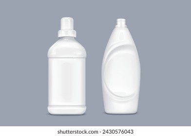 Mockup of bottle with gel or liquid detergent with lid. Realistic 3d vector illustration set of blank white plastic container with household chemicals. Laundry and cleaning product package