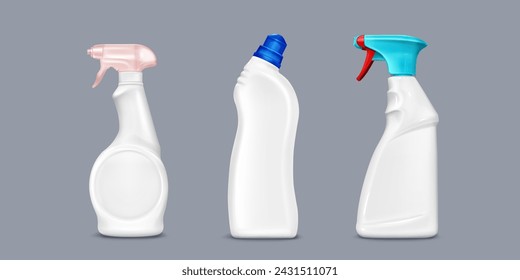 Maqueta de botella con gel o detergente líquido con tapa y pulverizador. Conjunto de ilustración vectorial 3d realista de contenedor de plástico blanco con productos químicos domésticos. Paquete de productos de lavandería y limpieza