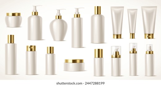 Mockup bottles of cosmetic products realistic vector illustration set. Rows of various refillable containers 3d objects on white background