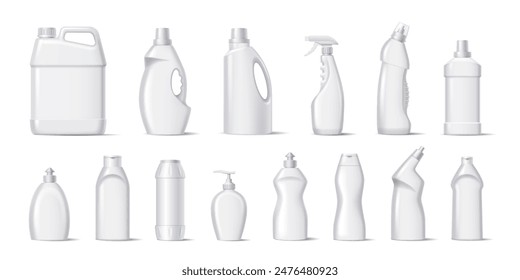 Mockup bottles of detergent products realistic vector illustration set. Blank containers with cleaning agents 3d objects on white background