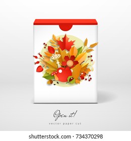 A mockup of a box with a paper autumn composition of leaves, fruits and flowers. The volumetric design with shadows