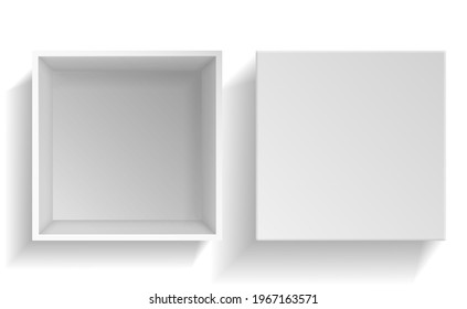 Mockup box. Realistic white paper packaging top view, empty open cardboard package and cap. 3d carton square container, mockup for presents and goods storage vector isolated illustration