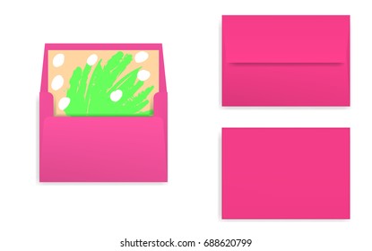 Mock-up of bright pink, decorated envelope with rectangle flip. Front view, closed and opened back side. Art paper inside. 3D realistic vector illustration.