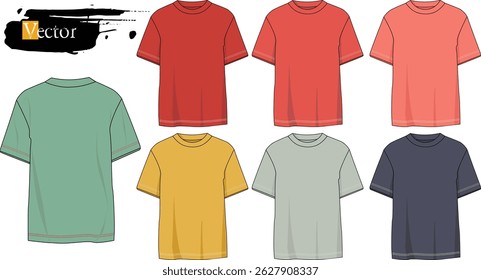 Mockup of bright t-shirts vector, fashion unisex clothes isolated on background, front,back, Stylish men's shirt template for design, pattern, brand, commerce. Set of clothes, product photography. art