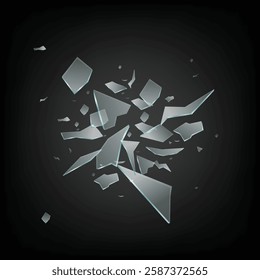 Mockup of broken glass sharp shards flying apart, realistic vector illustration isolated on black background. Shattered destructed glass pieces in motion.