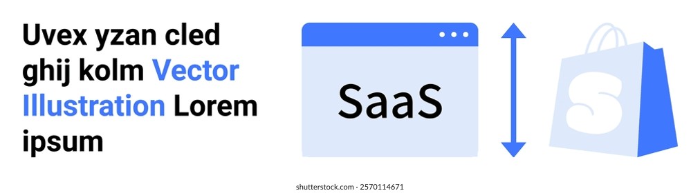 A mockup browser window with SaaS text next to a shopping bag with an up and down arrow between them. Ideal for SaaS, e-commerce, web development, online services, digital platforms. Landing page