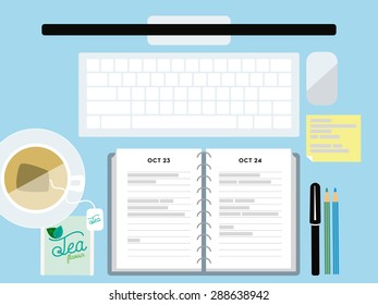 Mockup. Business desk top with a computer, tea with tea bag, open organizer with two dates and pencils. Vector and illustration design.