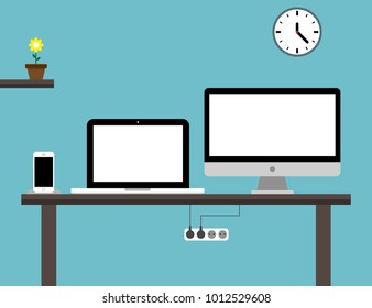 Mockup business table with elements office supplies, vector illustration. Imac pro. Macbook. Iphone X