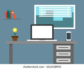 Mockup business table with elements office supplies, vector illustration