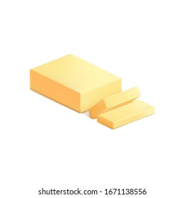 Mockup butter bar and two cutted slices side realistic vector illustration isolated white background  Dairy product margarine piece 3d template 