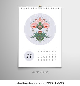 Mockup calendar with indian paisley flower 