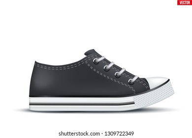 Mockup of Canvas Sneaker. Black color. Example gumshoes. Realistic Editable Vector Illustration isolated on white background.