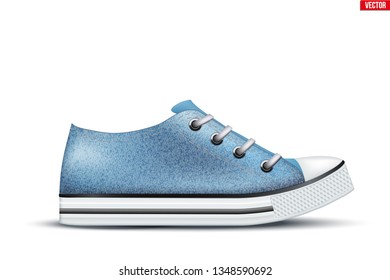 Mockup of Canvas Sneaker. Denim color. Example gumshoes. Realistic Editable Vector Illustration isolated on white background.