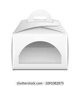 Mockup Cardboard Cake Box Carry Packaging For Fast Food Meal, Gift Or Other Products. Front View. Illustration Isolated On White Background. Template Ready For Your Design. Vector EPS10