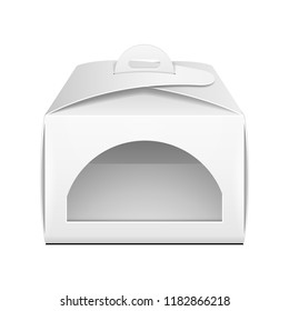 Mockup Cardboard Cake Box Carry Packaging For Fast Food Meal, Gift Or Other Products. Front View. Illustration Isolated On White Background. Template Ready For Your Design. Vector EPS10