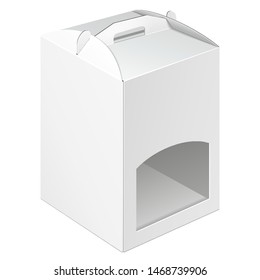 Mockup Cardboard Carry Packaging Box For Fast Food Meal, Candy, Cookies, Gift Or Other Products. Illustration Isolated On White Background. Mock Up Template Ready For Your Design. Vector EPS10