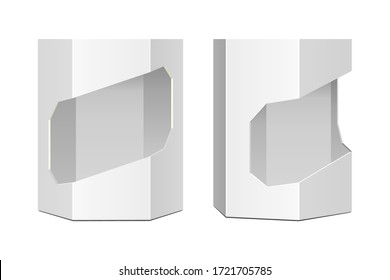 Mockup Cardboard Packaging Box For Fast Food Meal, Candy, Cookies, Gift Or Other Products With Window. Illustration Isolated On White Background. Mock Up Template.