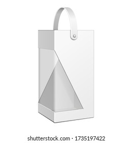 Mockup Cardboard Packaging Box For Fast Food Meal, Candy, Cookies, Gift Or Other Products With Window And Handle . Illustration Isolated On White Background. Mock Up Template.