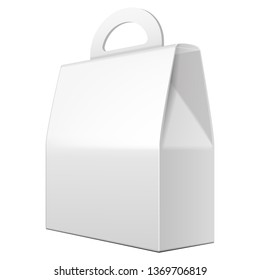 Mockup Cardboard Packaging Box With Handle For Fast Food Meal, Candy, Cookies, Gift Or Other Products. Illustration Isolated On White Background. Mock Up Template Ready For Your Design. Vector EPS10