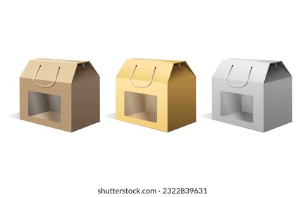 Mockup Cardboard Packaging Set Of Box For Fast Food Meal, Candy, Cookies, Gift Or Other Products With Window. Illustration Isolated On White Background. Mock Up Template