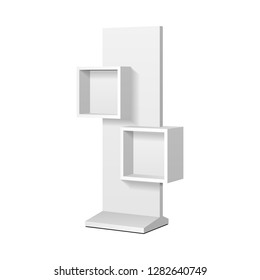 Mockup Cardboard Retail Display Stand Floor Rack Shelves For Supermarket Blank Empty. 3D Illustration Isolated On White Background. Mock Up Template Ready For Your Design. Vector EPS10