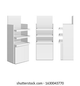 Mockup Cardboard Retail Display Stand Floor Rack Shelves For Supermarket Blank Empty. 3D Illustration Isolated On White Background. Mock Up Template Ready For Your Design. Vector EPS10