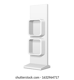 Mockup Cardboard Retail Display Stand Floor Rack Shelves For Supermarket Blank Empty. 3D Illustration Isolated On White Background. Mock Up Template Ready For Your Design. Vector EPS10