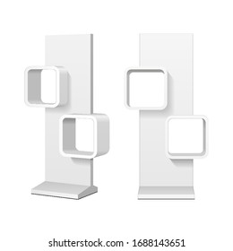 Mockup Cardboard Retail Display Stand Floor Rack Shelves For Supermarket Blank Empty. 3D Illustration Isolated On White Background. Mock Up Template.