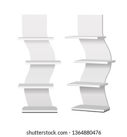 Mockup Cardboard Retail Shelves Floor Display Rack For Supermarket Blank Empty. Mock Up. 3D On White Background Isolated. Ready For Your Design. Product Advertising. Vector EPS10