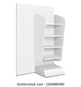 Mockup Cardboard Retail Shelves Floor Display Rack For Supermarket Blank Empty. Mock Up. 3D On White Background Isolated. Ready For Your Design. Product Advertising. Vector EPS10