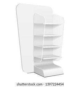 Mockup Cardboard Retail Shelves Floor Display Rack For Supermarket Blank Empty. Mock Up. 3D On White Background Isolated. Ready For Your Design. Product Advertising. Vector EPS10