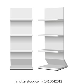 Mockup Cardboard Retail Shelves Floor Display Rack For Supermarket Blank Empty. Mock Up. 3D On White Background Isolated. Ready For Your Design. Product Advertising. Vector EPS10