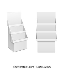 Mockup Cardboard Retail Shelves Floor Display Rack For Supermarket Blank Empty. Mock Up. 3D On White Background Isolated. Ready For Your Design. Product Advertising. Vector EPS10