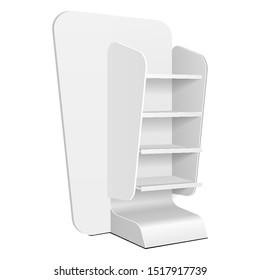 Mockup Cardboard Retail Shelves Floor Display Rack For Supermarket Blank Empty. Mock Up. 3D On White Background Isolated. Ready For Your Design. Product Advertising. Vector EPS10