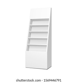 Mockup Cardboard Retail Shelves Floor Display Rack For Supermarket Blank Empty. Mock Up. 3D On White Background Isolated. Ready For Your Design. Product Advertising. Vector EPS10