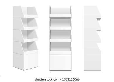 Mockup Cardboard Retail Shelves Floor Display Rack For Supermarket Blank Empty. Mock Up. 3D On White Background Isolated. 