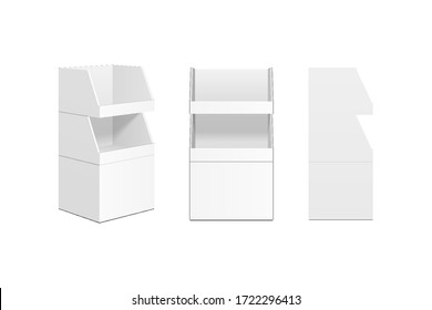Mockup Cardboard Retail Shelves Floor Display Rack For Supermarket Blank Empty. Mock Up. 3D On White Background Isolated. 