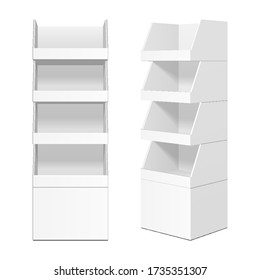 Mockup Cardboard Retail Shelves Floor Display Rack For Supermarket Blank Empty. Mock Up. 3D On White Background Isolated. 